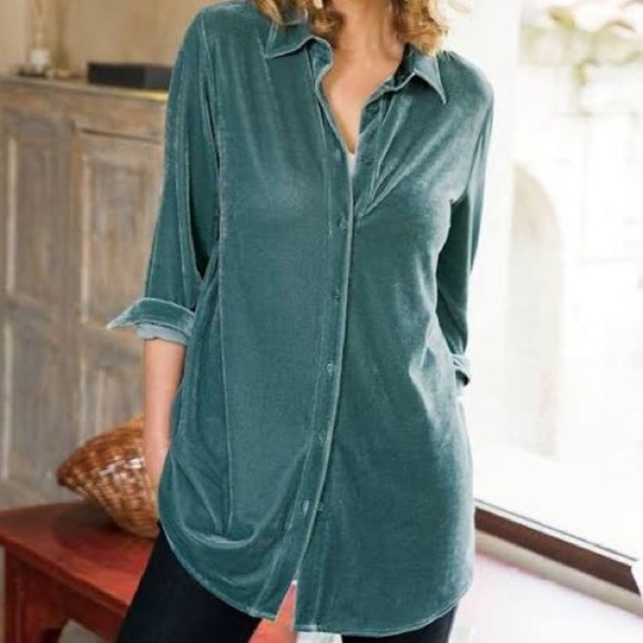 Soft Surroundings Tops - SoftSurroundings Velvet Dusty Aqua Boyfriend Shirt